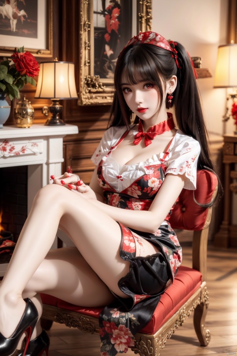  yuandanhetu, 1girl, book, dress, thighhighs, solo, sitting, black hair, flower, rose, black footwear, bow, red bow, indoors, red eyes, red flower, long hair, holding, red rose, bangs, red dress, short sleeves, looking at viewer, hair bow, lamp, candlestand, white thighhighs, doll, red lips, choker, white flower, high heels, shoes, jewelry, skull, lolita fashion, shelf, realistic, painting \(object\), holding book, vase, frills, white rose, full body, open book, blunt bangs, lace trim, bookshelf, double bun, print legwear, earrings, wooden floor, candle, chair, lips, picture \(object\), birdcage, table, red nails, lace, red ribbon, ribbon, loaded interior, nail polish, hair bun, cage, parted lips, apron, plant, puffy short sleeves, twintails, stuffed toy, lace-trimmed legwear, smile, puffy sleeves, picture frame, collarbone, breasts, makeup, lipstick, heart, frilled dress, mary janes, white apron, lace-trimmed dress, hair ornament, neck ribbon, closed mouth, floral print, halo, cabinet, hat, potted plant, footwear bow, fireplace, print dress, pink bow, hands up, qiqiu,pencil_skirt,hat,pantyhose,police,red_bra