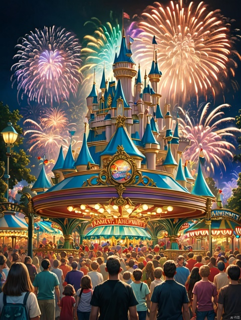  Masterpiece, best quality, stunning details, realistic, (Disney amusement park), full of vitality, fireworks, night, colorful, joyful people, excellent composition,
