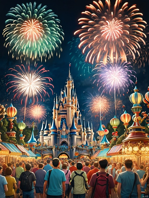  Masterpiece, best quality, stunning details, realistic, (Disney amusement park), full of vitality, fireworks, night, colorful, joyful people, excellent composition,