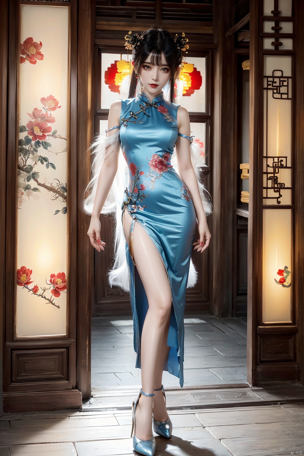  A demon with white hair, eyes resembling blue gemstones, and a fringed haircut. This demon exudes an outgoing and sunny personality. She is dressed in a peculiar, mechanical construct cheongsam gown, predominantly made of gossamer material, with accents that evoke the ambiance of fire element. The cheongsam gown itself is in vibrant Chinese red. Completing her ensemble, she wears a pair of high-heeled shoes.Tattoos, flowers.
, 1girl,high_heels,yellow_footwear,black_hair