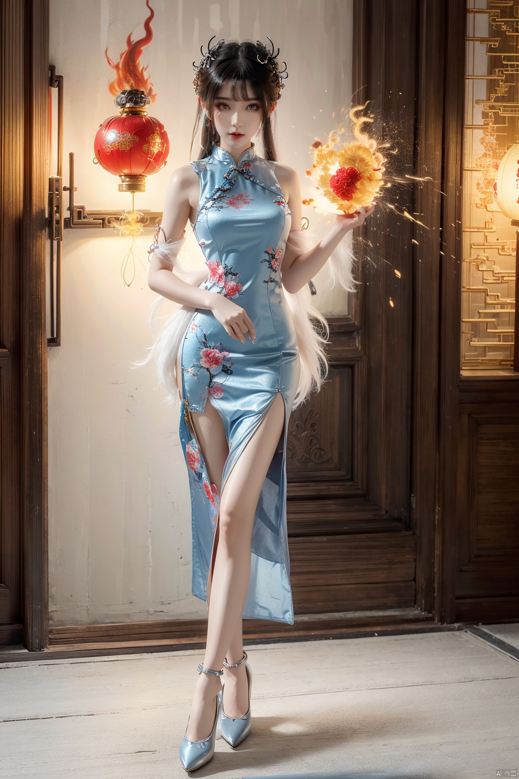  A demon with white hair, eyes resembling blue gemstones, and a fringed haircut. This demon exudes an outgoing and sunny personality. She is dressed in a peculiar, mechanical construct cheongsam gown, predominantly made of gossamer material, with accents that evoke the ambiance of fire element. The cheongsam gown itself is in vibrant Chinese red. Completing her ensemble, she wears a pair of high-heeled shoes.Tattoos, flowers.
, 1girl,high_heels,yellow_footwear,black_hair