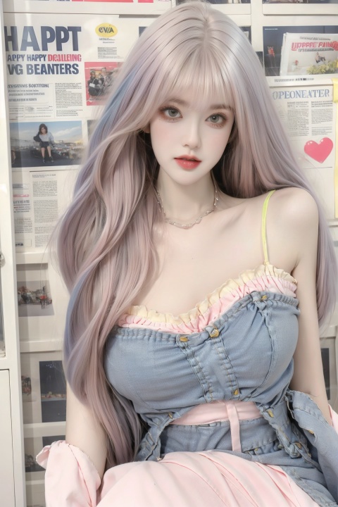  1girl,(((big breasts:1.2))),message hair,(oval face:1.2),lipgloss,the background is a white wall covered with newspapers and stickers,tiled background,(white_skin:1.4),indoor,roomi,the white wall,long hair,decorations,ribbon trim,neon,embellished costume,ornament,close_mouth,(happy_valentine:1.2),ornament,loose belt,(baby face:1.2),pose for the mirror,having a dual tone hair blend of light blue and light pink,(with long bangs covering one eye:1),eye_contact,glint,8k,masterpiece,best quality,Girl's face,makeup,fundoshi,mascara,(colored_eyelashes:1.1),,(The upper body includes the thighs:1.4),yellow_footwear,high_heels,white_footwear