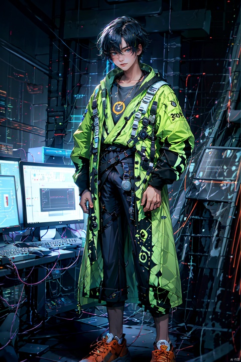  (8k, original photo, best quality, masterpiece: 1.2), CG rendering, full body, a 20-year-old boy. Technology cabin, neon lights, smile, (blue hair), (fluffy hair), white and black Hanfu, fist clenching, combat posture. Functional Hanfu, sports shoes, sparkling, flowing robe, chest strap decoration, belt, cyberpunk city background outside the window,Aso, Aso, Cyberworld, CyberpunkAI, asip, hjyzbrobot, ((poakl)), 1girl,police,pencil_skirt,yellow_footwear