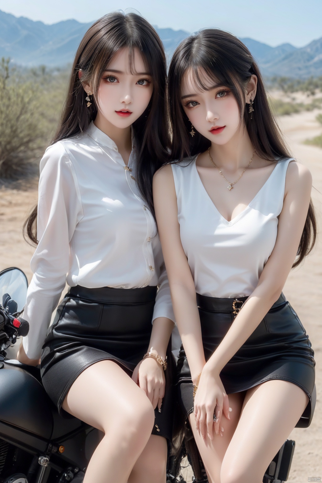  (2_girls::1.7),twins,kind smile, ((close-up)),Masterpiece,best quality,Highest picture quality,ultra-detailed,top quality,two girls driving a motorcycle,bare long leg,desert background, yhmotorbike,moyou,wangyushan, ((poakl)), 1girl,high_heels,yellow_footwear,long_hair,black_hair,pencil_skirt