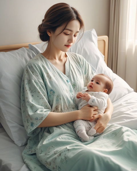 Masterpiece, the best quality, perfect composition, very beautiful, absurd, super detailed, complex details, professional, official art, mother holding cute baby, bed, hospital, warm,
