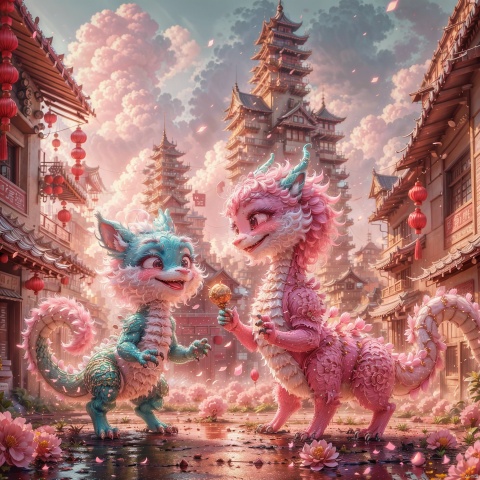  (Masterpiece:1.5),(Best Quality:1.5),High Resolution,Highly Detailed,(Low Contrast:1.1),Full body photo,.official art,Pixar animation style,Chinese NewYear, pink background, made of marshmallow material, abig blue and pink Chinese dragon with a big smile, its taiis like a cloud, it has a colorful cloud on its head, standing next to it is a super cute little girl wearing traditional Chinese clothing, strong light effect,|key visual| intricate| highly detailed| breathtaking beauty| digital lineart| vibrant|, Cyberpunk Concept