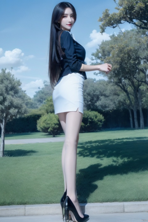  Fisheye perspective, looking from bottom to top, face looking towards the viewer,,1gril, smile,business attire, black suit jacket, white collared shirt, short skirt, pantyhose, high heels, serious expression, outdoor, blue sky and white clouds, trees, plants, focused eyes, high definition, 8k resolution, complex background, light makeup, Shoulder-length straight hair, minimalist jewelry, neat lines and clear details, and a powerful posture, showing a strong aura., hand101, tutututu,black_pantyhose, 1girl,high_heels,black_hair,pencil_skirt,yellow_footwear