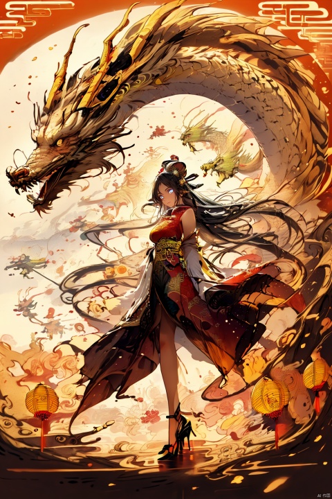  Chinese dragon, (peeks out), soaring in the sky, 1 girl,white hair,white pantyhose,long and majestic dragon body, highest quality, masterpiece, epic beauty,Outdoor, (Macaron color :1.2), Ancient Chinese architecture, Tower Pavilion, Terrace, Flying in the Sky, Majestic, Dreamlike style, Chinese Architecture, Sunset, cloud tops, verdant, peach blossoms, textured skin, Super detail, best quality, visual art, God beast, ink paniting, white pantyhose, 1girl,high_heels,yellow_footwear,pencil_skirt,white_footwear