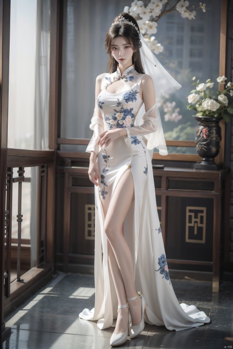  masterpiece, The best quality, 1girl, luxurious wedding dress, dreamy scene, white background, front viewer, looking at viewer, Flowers, romantic, Bride, Translucent white turban, UHD, 16k, , sparkling dress, yunbin, full_body, white stockings, wangyushan, Liu Yifei, chinese dress,white dress,
chinese clothes,dress,white dress,floral print,china dress,blue dress,hanfu,long sleeves,print dress,robe,skirt,sleeveless dress,widesleeves,yellow_footwear,high_heels,handbag