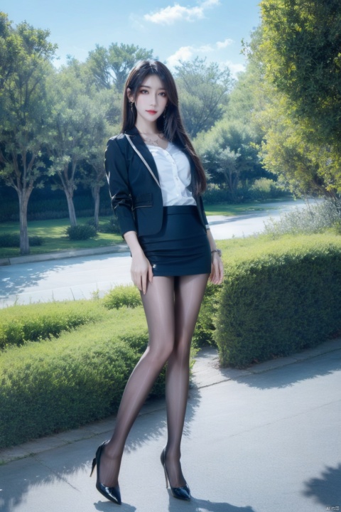  Fisheye perspective, looking from bottom to top, face looking towards the viewer,,1gril, smile,business attire, black suit jacket, white collared shirt, short skirt, pantyhose, high heels, serious expression, outdoor, blue sky and white clouds, trees, plants, focused eyes, high definition, 8k resolution, complex background, light makeup, Shoulder-length straight hair, minimalist jewelry, neat lines and clear details, and a powerful posture, showing a strong aura., hand101, tutututu,black_pantyhose, 1girl,high_heels,black_hair,pencil_skirt,yellow_footwear