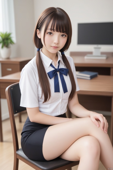  masterpiece,ultra high res,realistic,finely detail,extremely detailed,1girl,solo,skirt,chair,sitting,shirt,low twintails,long hair,looking at viewer,short sleeves,indoors,white shirt,brown hair,realistic,bangs,blurry,black skirt,ribbon,blurry background,blue ribbon,brown eyes,on chair,blunt bangs,hand on own knee,collared shirt,pencil skirt,depth of field,table,desktop,(crossed legs)