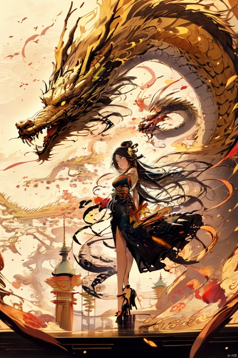  Chinese dragon, (peeks out), soaring in the sky, 1 girl,white hair,white pantyhose,long and majestic dragon body, highest quality, masterpiece, epic beauty,Outdoor, (Macaron color :1.2), Ancient Chinese architecture, Tower Pavilion, Terrace, Flying in the Sky, Majestic, Dreamlike style, Chinese Architecture, Sunset, cloud tops, verdant, peach blossoms, textured skin, Super detail, best quality, visual art, God beast, ink paniting, white pantyhose, 1girl,high_heels,yellow_footwear,pencil_skirt,white_footwear