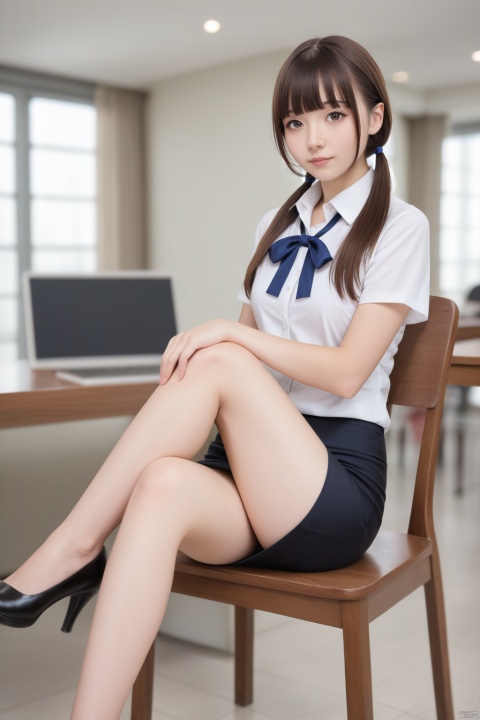  masterpiece,ultra high res,realistic,finely detail,extremely detailed,1girl,solo,skirt,chair,sitting,shirt,low twintails,long hair,looking at viewer,short sleeves,indoors,white shirt,brown hair,realistic,bangs,blurry,black skirt,ribbon,blurry background,blue ribbon,brown eyes,on chair,blunt bangs,hand on own knee,collared shirt,pencil skirt,depth of field,table,desktop,(crossed legs)