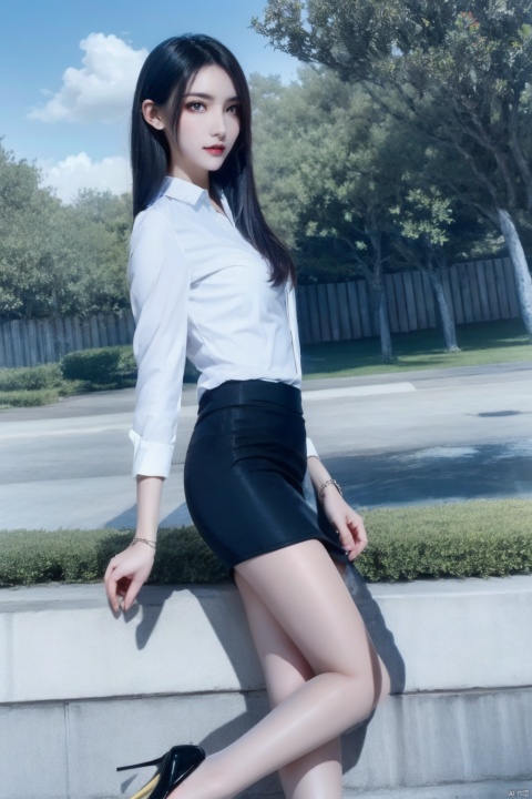  Fisheye perspective, looking from bottom to top, face looking towards the viewer,,1gril, smile,business attire, black suit jacket, white collared shirt, short skirt, pantyhose, high heels, serious expression, outdoor, blue sky and white clouds, trees, plants, focused eyes, high definition, 8k resolution, complex background, light makeup, Shoulder-length straight hair, minimalist jewelry, neat lines and clear details, and a powerful posture, showing a strong aura., hand101, tutututu,black_pantyhose, 1girl,high_heels,black_hair,pencil_skirt,yellow_footwear