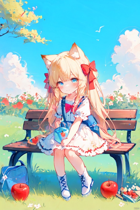  1girl, long hair, looking at viewer, blush, smile, bangs, blue eyes, blonde hair, shirt, dress, bow, animal ears, sitting, very long hair, closed mouth, white shirt, flower, short sleeves, hair bow, boots, outdoors, frills, food, sky, shoes, day, puffy sleeves, cloud, water, bag, chibi, white dress, tree, blue sky, puffy short sleeves, animal ear fluff, fruit, animal, blue bow, white footwear, frilled dress, grass, white flower, blue ribbon, red flower, pink flower, blue flower, shoulder bag, yellow flower, apple, basket, bench, on bench, red apple,chibi