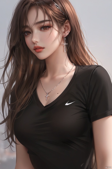  (best quality), ((masterpiece)), (highres), illustration, original, extremely detailed,1girl, solo, jewelry, breast,shirt, necklace, brown hair, black shirt, earrings, long hair, short sleeves, mole, , upper body, cross, , brown eyes, lips