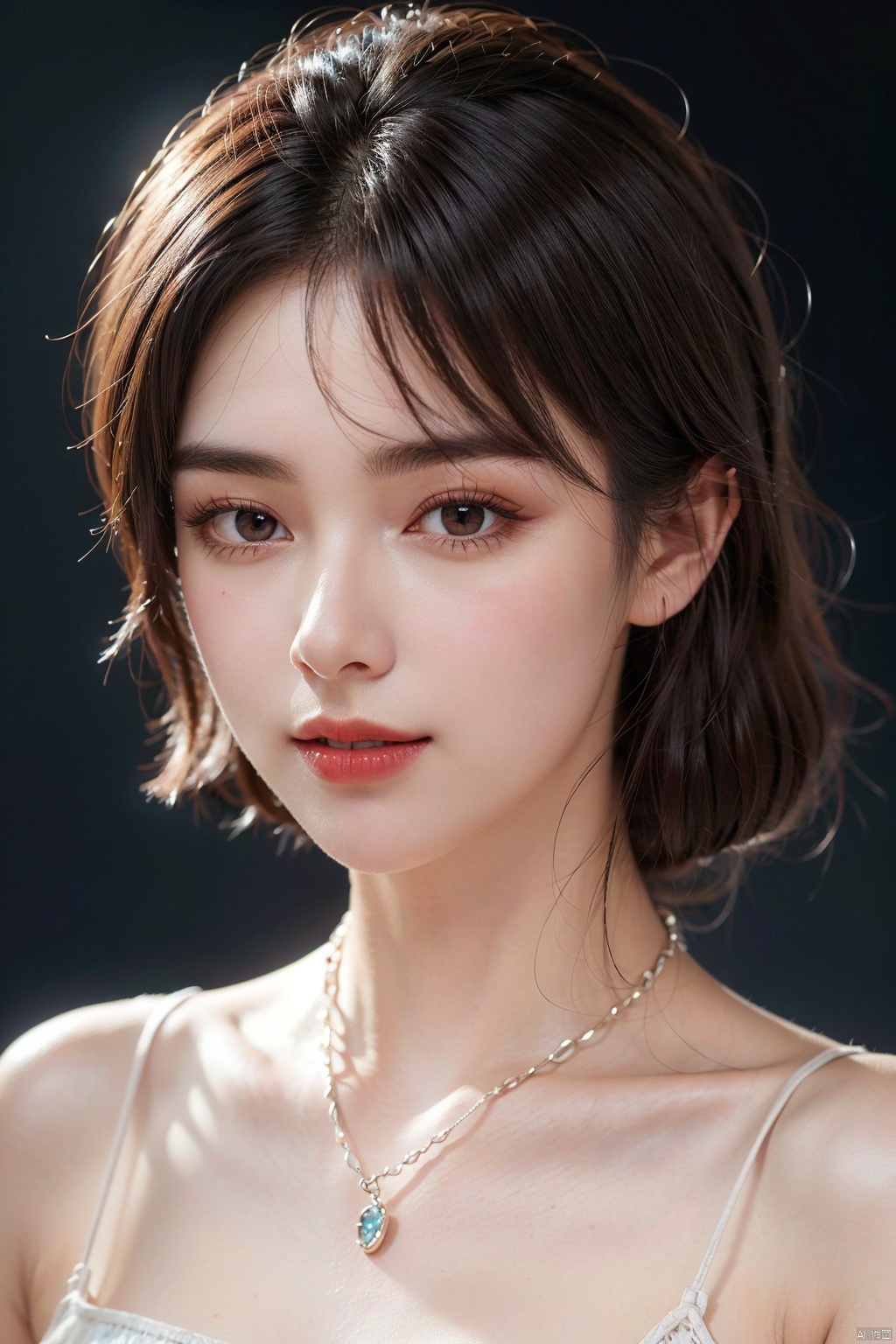  A fashionable photography portrait of a young girl, beautiful, dynamic pose, fluffy short hair, soft lighting, edge lighting, beautiful shadows, (realistic, original photo: 1.2), smile: 0.3 (natural skin texture, realistic eye and facial details), surrealism, ultra-high resolution, 4K, best quality, masterpiece, necklace, in the dark.