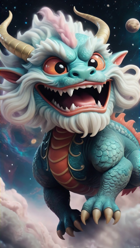  Lovely cosmic creatures, who also can not say to it from which planet, round elastic type, the body covered with hair fluffy, big head small body, evil smile, looks like a Chinese dragon, floating in the dazzling universe deep sky