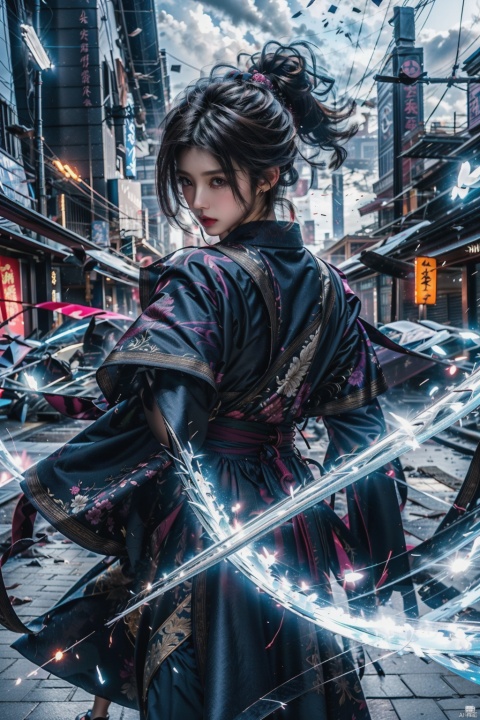  Female Focus,holding glowing katana（Iaido）,back to viewer,
Red lips, bangs, earings, kimono,Chinese closures, floral print, tassel, robe dragon, glowing weight, flowing light, shooting stars,Neon lights, reflecting lights, epic lighting,smashing of airbrush drawing,
smashed particle drawing,plane particle drawing,