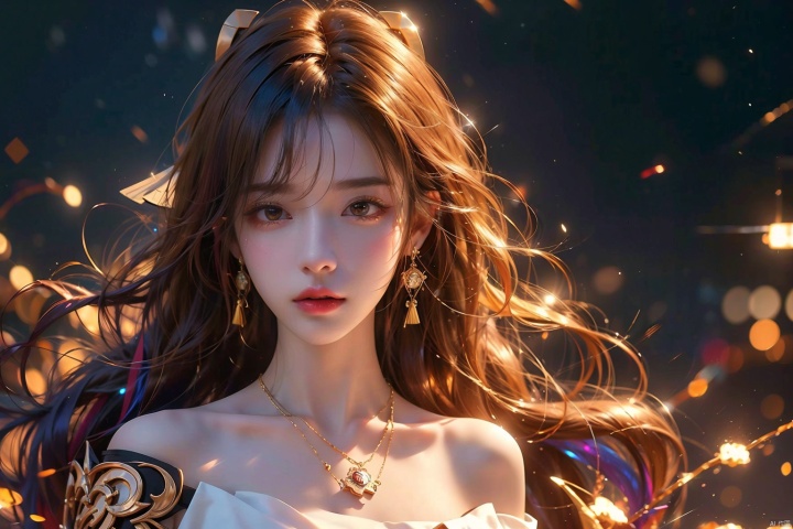  1girl,Bangs, off shoulder, colorful_hair, ((colorful hair)), yellow eyes, chest, necklace, earrings, floating hair, jewelry, sleeveless, very long hair,Looking at the observer, parted lips, pierced,energy,electricity,magic,tifa,sssr,blonde hair,jujingyi, (gold armor), liuyifei, (\xing he\)