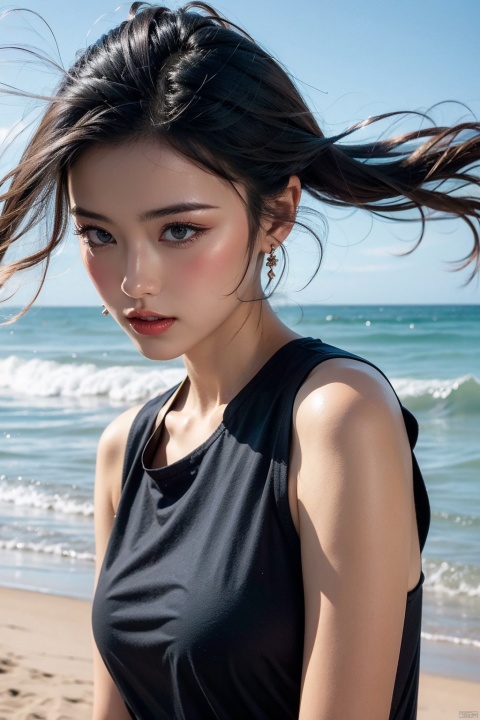  best quality,1girl, half body, earrings, wind blown hair, beach,