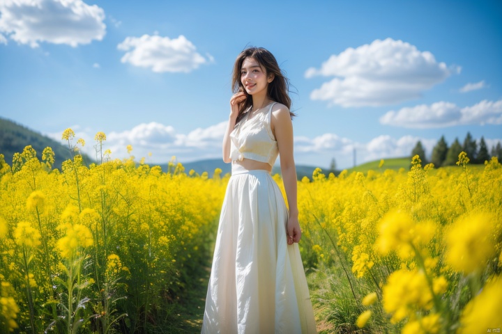  A beautiful woman standing in a blooming rapeseed field, wearing a white top and a red skirt, the skirt fluttering gently. Surrounded by golden rapeseed flowers, with gently rolling hills in the distance, the sky is a deep blue with a few white clouds leisurely drifting by. High-definition photo of the most beautiful artwork in the world featuring a lady in white and red dress standing in a sea of golden rapeseed flowers, smiling, freckles, white outfit, red skirt, nostalgia, sexy, dramatic oil painting by Ed Blinkey, Atey Ghailan, Studio Ghibli, by Jeremy Mann, Greg Manchess, Antonio Moro, trending on ArtStation, trending on CGSociety, Intricate, High Detail, Sharp focus, photorealistic painting art by midjourney and greg rutkowski., Light master