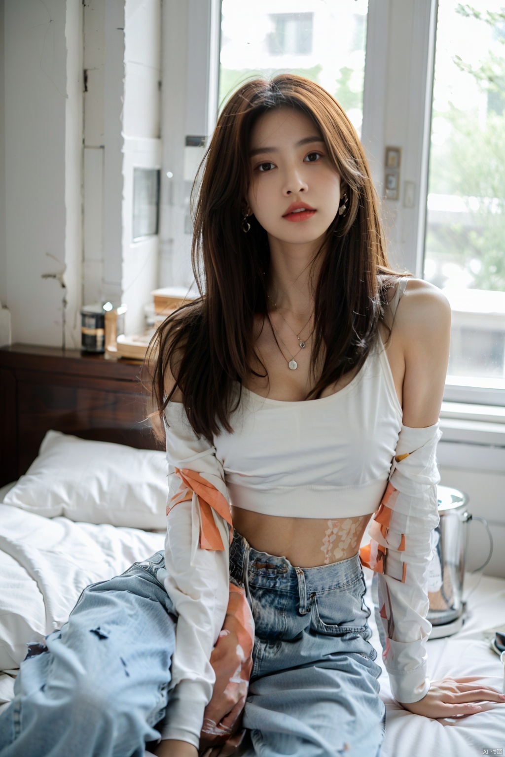  sj, 1girl, jewelry, solo, Lying on the bed flat, from top, denim, brown hair, pants, earrings, jeans, long hair, necklace,  breasts, shirt, blurry background, crop top, parted lips, indoors, window, white shirt, blurry, midriff, cleavage, feet out of frame, long sleeves, bra, off shoulder, realistic, underwear, sj,moyou