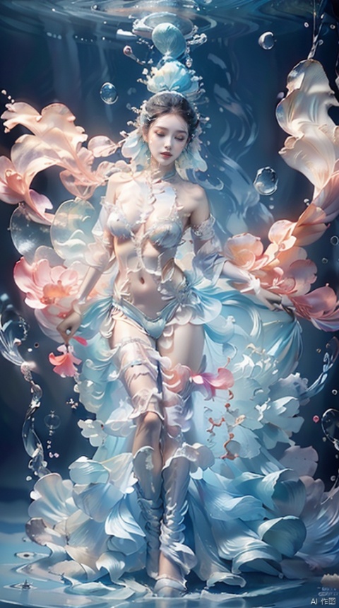  (1girl:1.2),stars in the eyes,(pure girl:1.1),(water fluid over body:1.3),(full body:0.6),There are many scattered luminous petals,bubble,contour deepening,(white_background:1.1),cinematic angle,,underwater,adhesion,green long upper shan,white boots，nature large breasts，