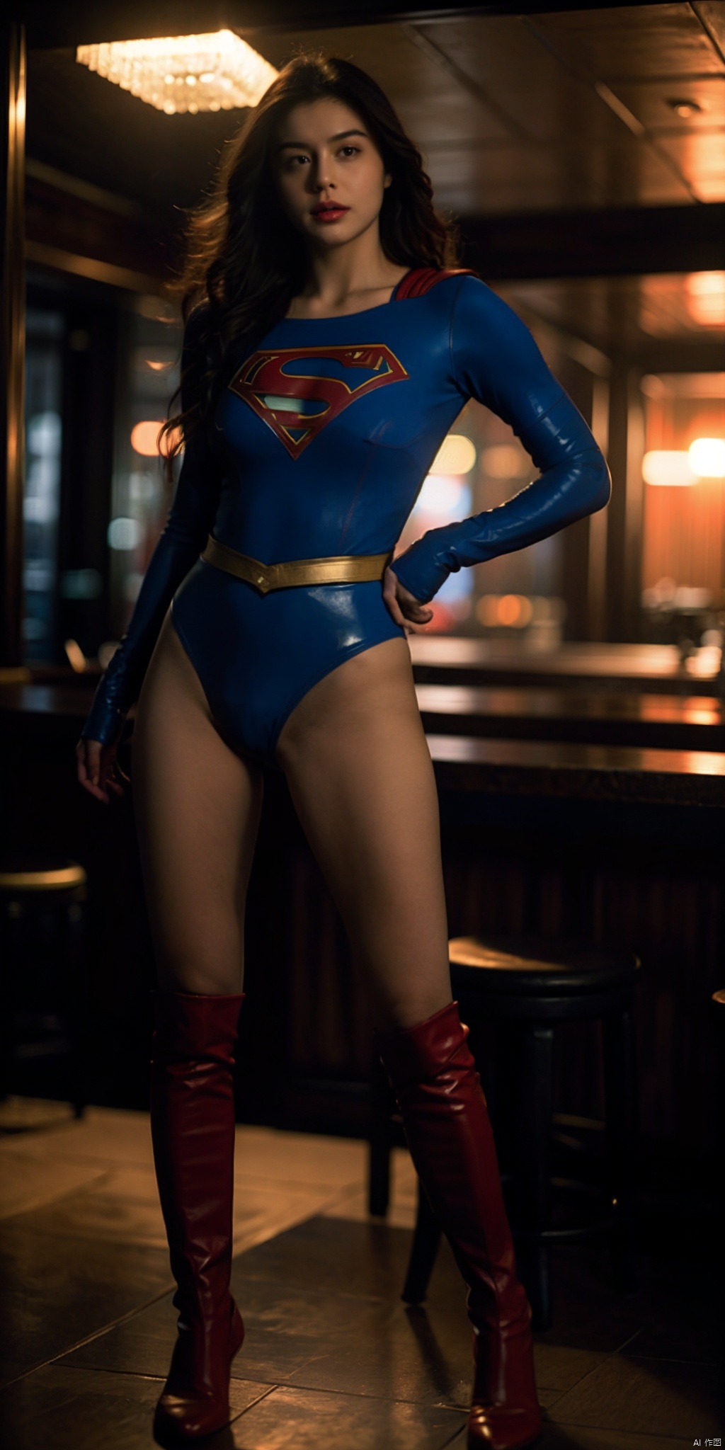  front view，masterpiece, best quality, supergirl, thigh，muscle，brown eyes, long hair, （large boobs 1.2）, blue latex bodysuit, super girl costume，紧身衣， pelvic curtain, spiked bracelet, sash, hand on hip, looking at viewer, cowboy shot, inside a bar，back wall，bar，dim lighting，cinematic lighting，