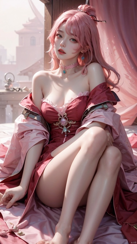  recumbency,(feet:1.6),(Pink clothes:1.4),(Pink hair:1.5),Masterpiece, Ultimate, (A girl was bound with red cloth), silk, cocoon, spider web, Solo, Complex Details, Color Differences, Realistic, (Moderate Breath), Off Shoulder, Eightfold Goddess, Pink Long Hair, Red Headwear, Hair Above One Eye, Green Eyes, Earrings, Sharp Eyes, Perfect Fit, Choker, Dim Lights,cocoon,xiaoyemao,1 girl,(nude)