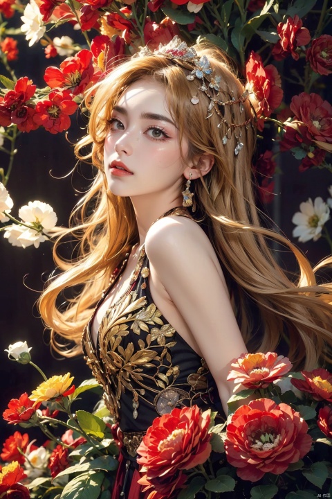  1girl,blonde, long hair, flower, Lisianthus, in the style of red and light azure, dreamy and romantic compositions, red, ethereal foliage, playful arrangements, fantasy, high contrast, ink strokes, explosions, over exposure, purple and red tone impression, abstract, whole body capture,
,moyou