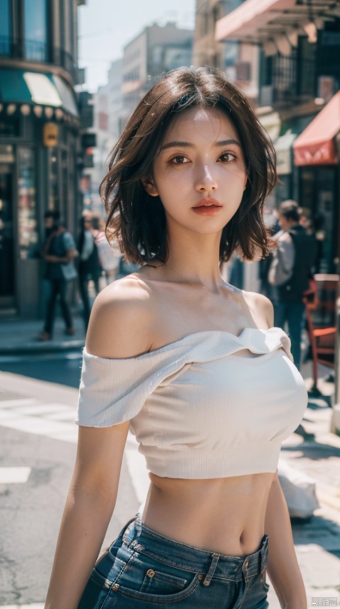  (masterpiece:1.3), (photo realistic, dynamic lighting, RAW photo, best quality: 1.4), (1girl), beautiful face, (realistic face), 1girl, off shoulder, (wearing a crop top:1.1 ), (the street:1.2), Highly detailed facial and skin texture, A detailed eye to the addition, Full body, big boobs,depth of field, cinematic lighting, atmospheric perspective, ,moyou