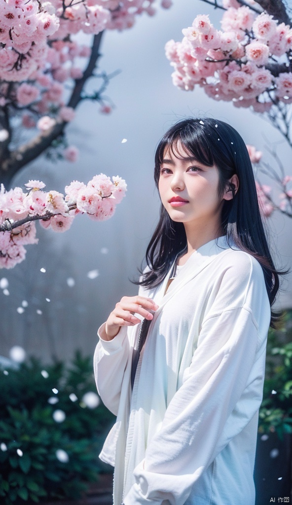  best quality, masterpiece, ultra high res.1girl,pure color background, snowing,with plum blossoms next to her