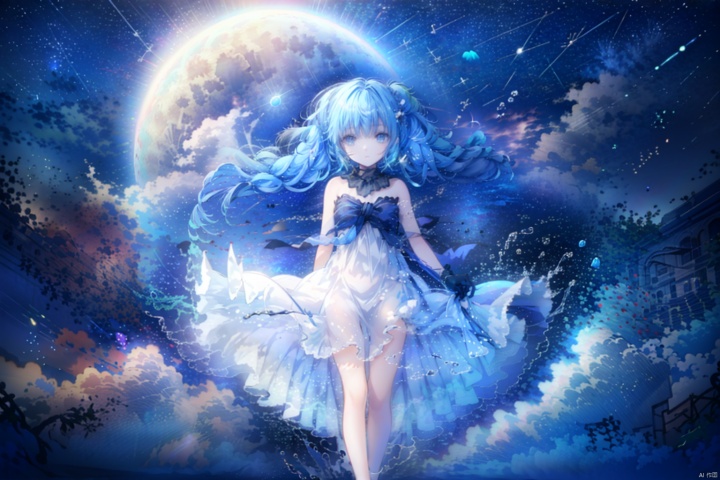  1 girl, aerial fireworks, aurora, bare shoulders, blue eyes,blue hair, bow, city lights, constellation, constellation print,crescent moon, dress, earth l(planetl), fireflies, fireworks,floating hair, full moon, galaxy, gloves, hatsune miku, highheels, light particles, long hair, looking at viewer, milkyway, moon, moonlight, night, night sky, planet, shootingstar, sky, snow, snowflakes, snowing, solo, space, star，(sky), star (symbol), starry background, starry sky, starrysky print, strapless dress, tanabata, tanzaku, telescope,twintails, very long hair, window