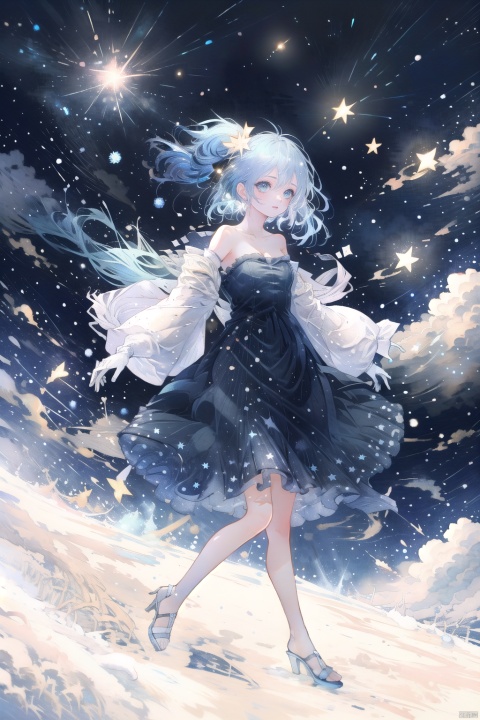  1 girl, aerial fireworks, aurora, bare shoulders, blue eyes,blue hair, bow, city lights, constellation, constellation print,crescent moon, dress, earth l(planetl), fireflies, fireworks,floating hair, full moon, galaxy, gloves, hatsune miku, highheels, light particles, long hair, looking at viewer, milkyway, moon, moonlight, night, night sky, planet, shootingstar, sky, snow, snowflakes, snowing, solo, space, star，(sky), star (symbol), starry background, starry sky, starrysky print, strapless dress, tanabata, tanzaku, telescope,twintails, very long hair, window