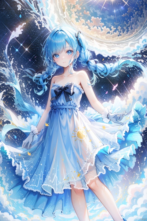  1 girl, aerial fireworks, aurora, bare shoulders, blue eyes,blue hair, bow, city lights, constellation, constellation print,crescent moon, dress, earth l(planetl), fireflies, fireworks,floating hair, full moon, galaxy, gloves, hatsune miku, highheels, light particles, long hair, looking at viewer, milkyway, moon, moonlight, night, night sky, planet, shootingstar, sky, snow, snowflakes, snowing, solo, space, star，(sky), star (symbol), starry background, starry sky, starrysky print, strapless dress, tanabata, tanzaku, telescope,twintails, very long hair, window