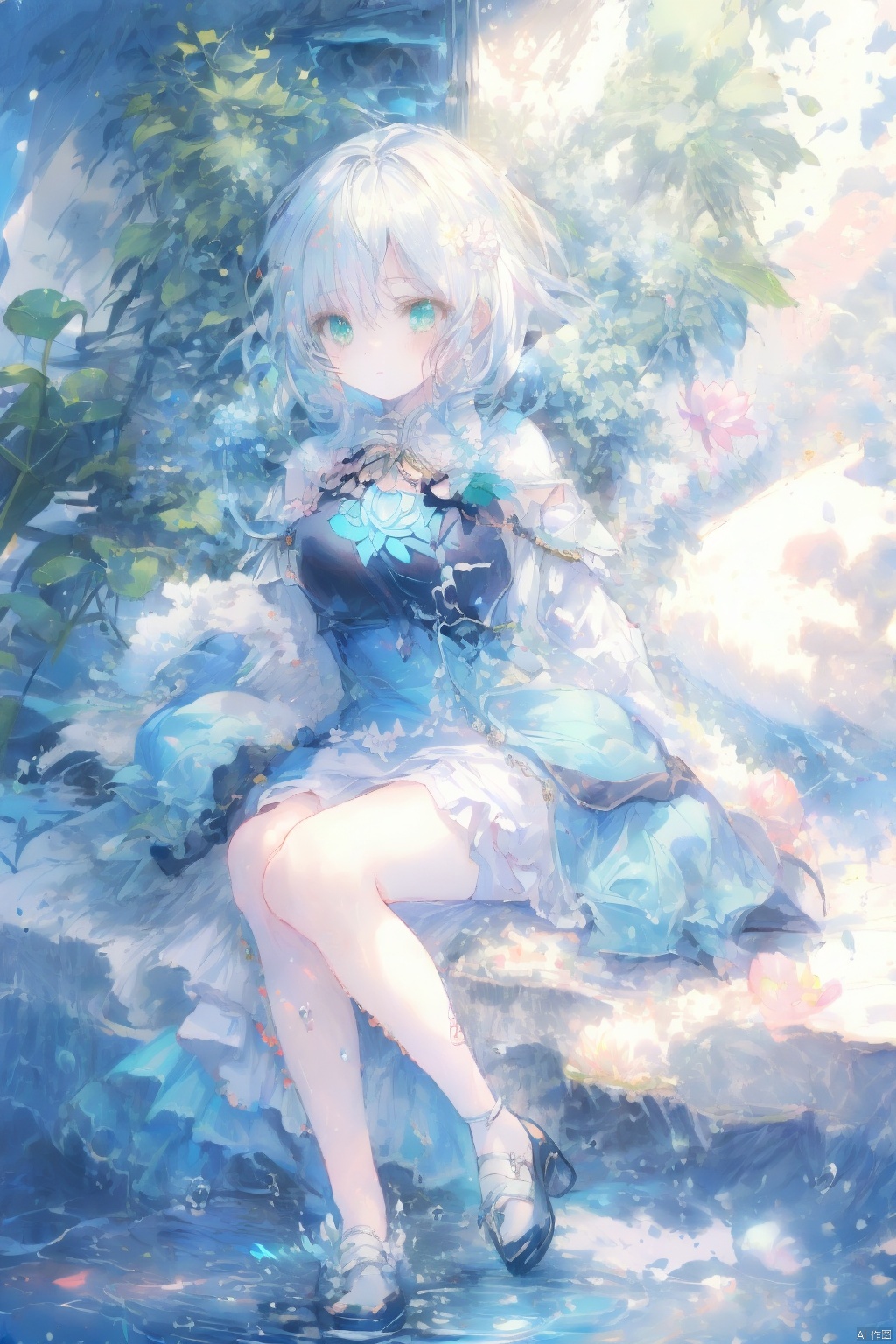  (Very detailed CG unified 8k wallpaper, masterpiece, best quality, super detail), Anime Girl, (masterpiece), (best quality), (ultra fine), (illustration), (detail light) (white broken hair) (lotus leaf green highlights) [elegance] (shine), (splash ink) [delicate and gorgeous makeup] (ray tracing). (Elegant) (strong color), rich details, (correct proportion) [full body portrait] (Genshin Impact)