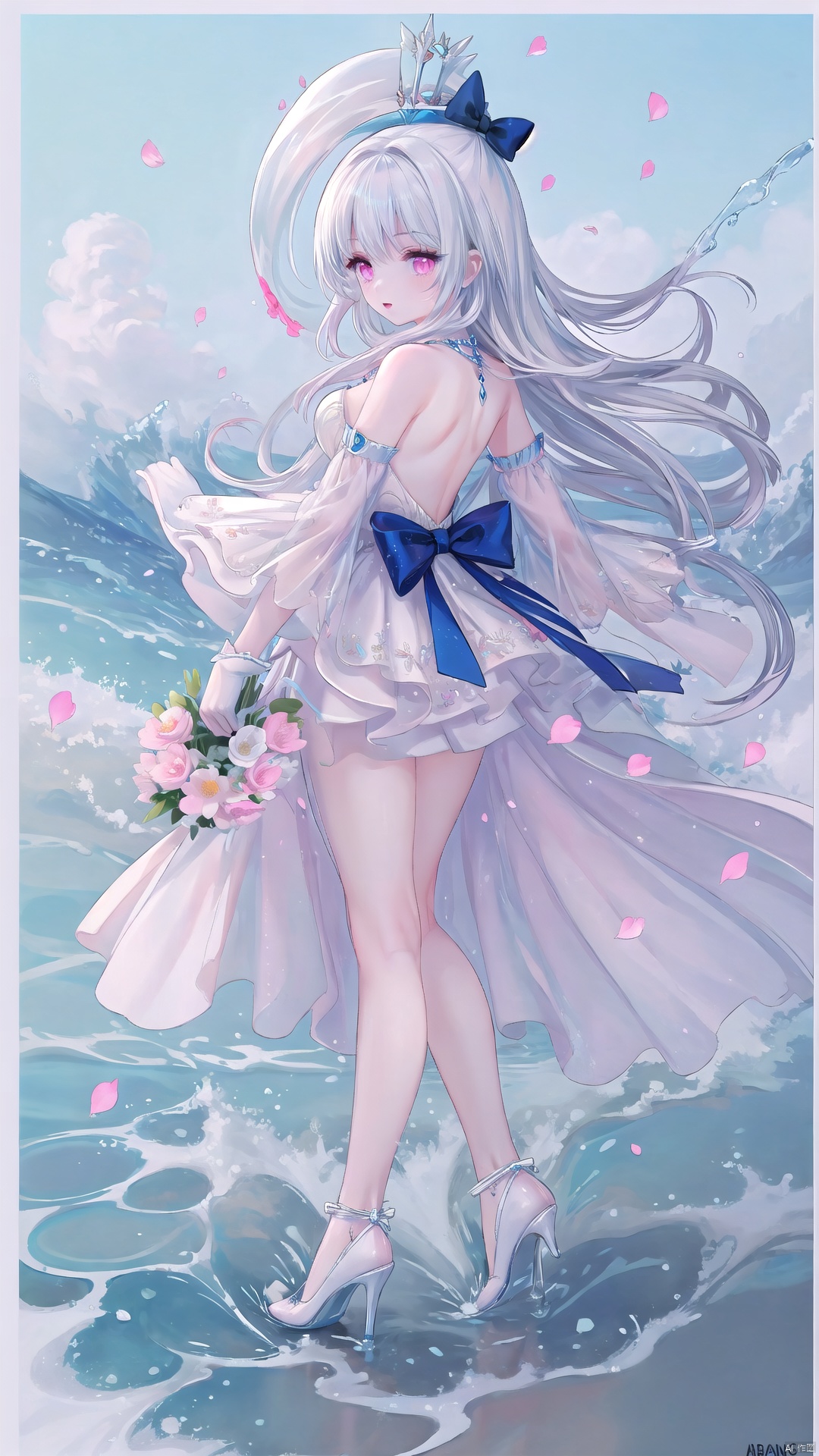 (Beach), Illustrations, Masterpieces, Best Quality, High Resolution, High Quality 4k Wallpaper, Unified CG Style, Detail Background, Beautiful Detail Water, Beautiful Detail Sky, Beautiful Detail Sea, Beautiful Detail Eyes, (Detail Light), (Extremely delicate and beautiful girl), Gem like eyes, Floating Hair, Long Hair, Flowers, Sunshine, Surrounded by Floating Metal, Contrast of Light and Darkness, Swimming circle, water spray, waves, petals, normal quality, jpeg artifact, signature, watermark, extra numbers, solo, solo 1 girl, extra long hair (fluffy), exquisite face, fluffy bangs, body, elegant hair, slim (figure), pink eyes, colorful floating hair, exquisite facial features, blunt bangs, floating hair, beautiful eyes, gradient hair, white pleated dress (wedding dress), Long sleeves, Juliet cuffs, cuffs pleats, skirt pleats, white headwear, white dress bow, transparent texture white large bow, white gloves, white gorgeous high heels, hands on back, sleeves through wrists, sleeves through fingers, looking at the audience, then closing mouth, wrists in sleeves, fingers in sleeves, light color, high-quality, masterpiece, exquisite details, casting magic, golden magic circle, Cherry pink magic particles, gradually disappearing petals, finely rendered, absurd, unbelievable_ ABCDres, Huge_ Filsize
