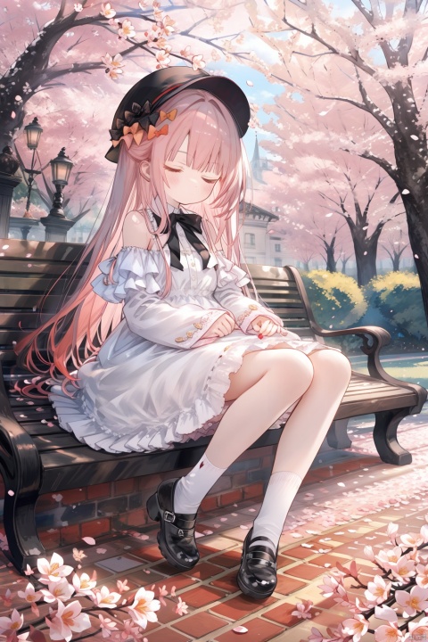 1 girl, solo, long hair, light pink hair, extra long hair, abigail williams (fate), off shoulder white dress, closed eyes, black shoes, white bow, sleeves over wrist, long sleeves, black headwear, white socks, shoes, polka dots, divided bangs, bangs, sleeves over fingers, looking from the side, Mary Janes, mouth closed, under cherry blossom trees, falling petals, whole body and side