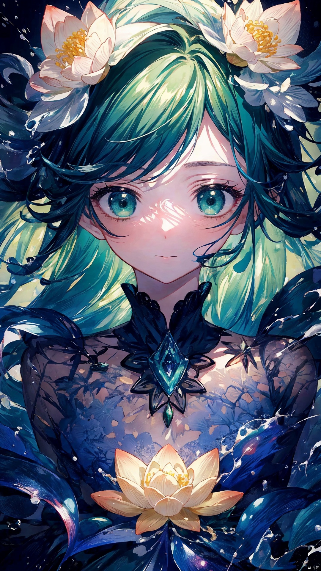  (Very detailed CG unified 8k wallpaper, masterpiece, best quality, super detail), Anime Girl, (masterpiece), (best quality), (ultra fine), (illustration), (detail light) (white broken hair) (lotus leaf green highlights) [elegance] (shine), (splash ink) [delicate and gorgeous makeup] (ray tracing). (Elegant) (strong color), rich details, (correct proportion) [full body portrait] (Genshin Impact)