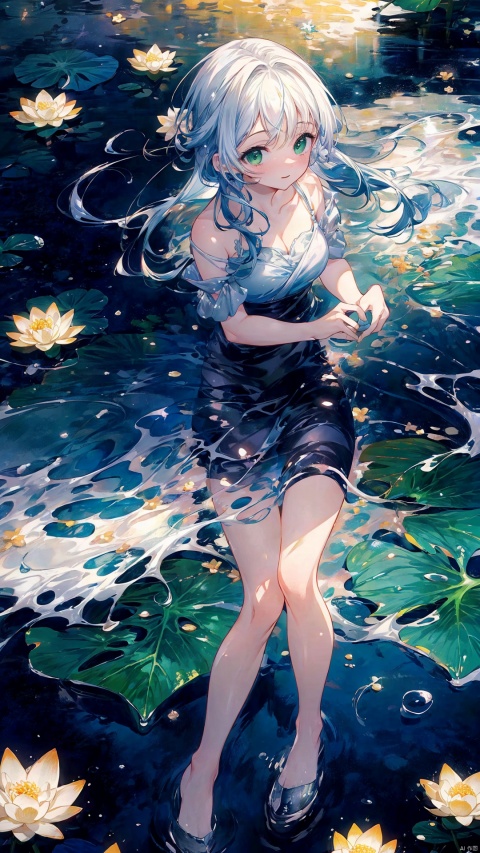  (Very detailed CG unified 8k wallpaper, masterpiece, best quality, super detail), Anime Girl, (masterpiece), (best quality), (ultra fine), (illustration), (detail light) (white broken hair) (lotus leaf green highlights) [elegance] (shine), (splash ink) [delicate and gorgeous makeup] (ray tracing). (Elegant) (strong color), rich details, (correct proportion) [full body portrait] (Genshin Impact)