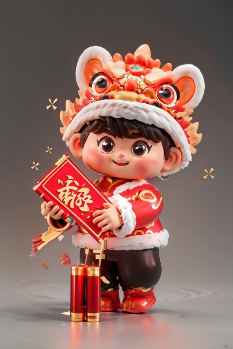  masterpiece,best quality,NY_BQB,1boy,chibi,male focus,solo,smile,chinese new year,fur trim,looking at viewer,standing,simple background,pants,full body,firecrackers, NY_BQB
