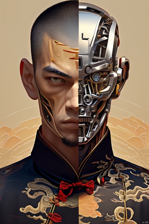  banlanz,jewelry,cyborg,1man,looking at viewer,solo,chinese clothes,simple background,,portrait,, masterpiece, best quality,