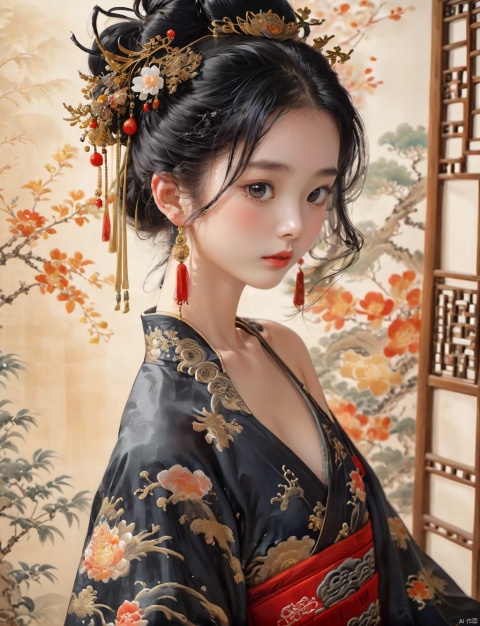  kq01,1girl,solo,black hair,bare shoulders,dress,full body,(high quality), best quality, (4k), 8k, super detailed, (full detail), (masterpiece), (realistic), super detailed,(Exquisite details) ,intricate, traditional chinese ink painting, 1girl, nvwangZ