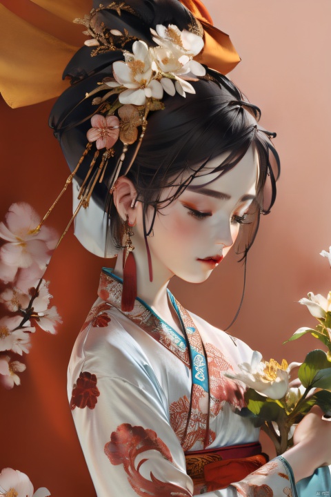 gfxgn01,1girl,solo,flower,jewelry,earrings,black hair,long hair,looking at viewer,hair ornament,upper body,hair bun,blush,chinese clothes,hair flower,petals,single hair bun,black eyes,sash,holding flower,white flower,long sleeves,tassel,bangs, (high quality), best quality, (4k), 8k, super detailed, (full detail), (masterpiece), (realistic), super detailed,(Exquisite details) ,intricate,