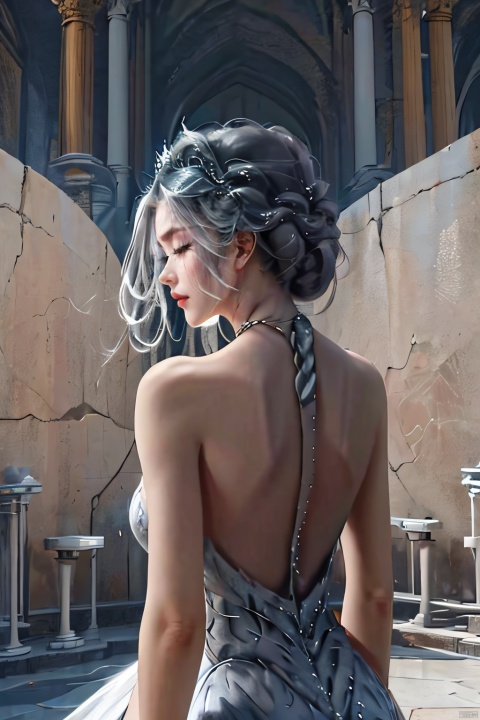  huiren01, 1girl, solo, dress, braid, bare shoulders, grey hair, from behind, arms behind back, back, backless dress, ballerina, upper body, backless outfit, closed eyes, back focus, tiara, white dress,,, masterpiece, best quality,