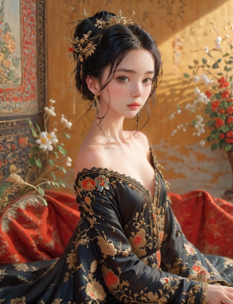  kq01,1girl,solo,black hair,bare shoulders,dress,full body,(high quality), best quality, (4k), 8k, super detailed, (full detail), (masterpiece), (realistic), super detailed,(Exquisite details) ,intricate, nvwangZ