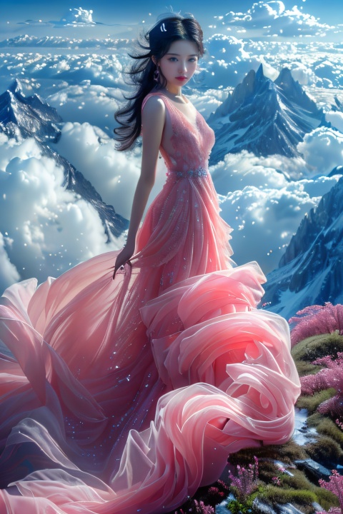 sdzs01,1girl,long hair,mountain,solo,cloud,pink dress,black hair,looking at viewer,outdoors,blue sky,bare shoulders,cloudy sky,scenery,,, best quality, ultra-detailed, masterpiece, finely detail, highres, 8k wallpaper