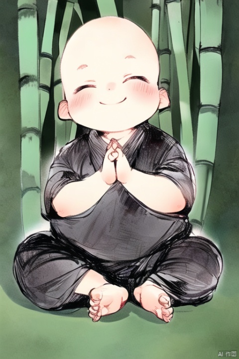  shuic01,1boy,male focus,solo,closed eyes,smile,barefoot,sitting,baby,bamboo,blush,very short hair,bald,own hands together,full body,,