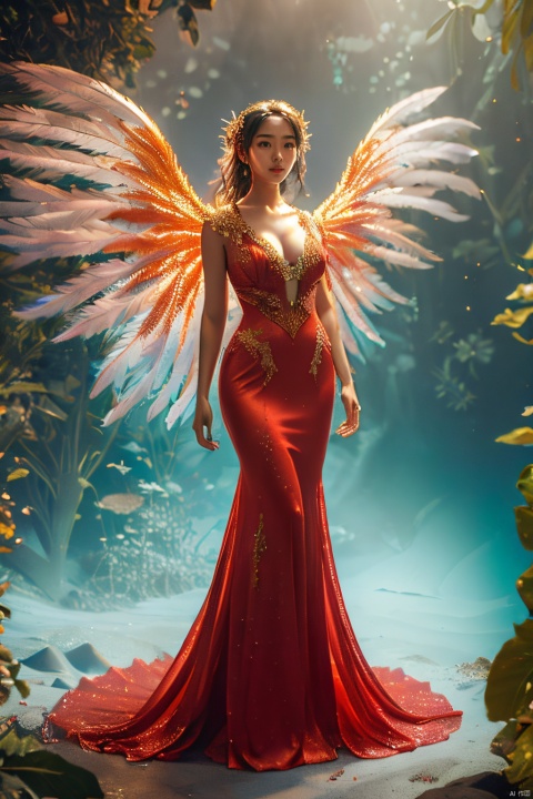  meimei,1girl,solo,red dress,cleavage,full body,,, masterpiece, best quality, mermaid